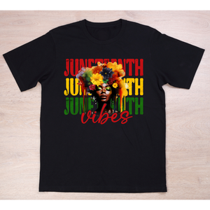 Juneteenth Vibes - Adult unisex short sleeve black crew 100% cotton with quality screen print design..