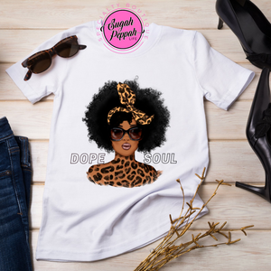 "Dope Soul" short sleeve crew neck 100% cotton white tee with afro centric screen print.