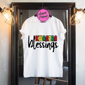 "Kwanzaa Blessings" short sleeve 100% cotton white crew neck tee with screen print.