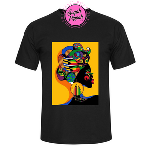 "Kwanzaa centric woman" short sleeve 100% cotton black tee with screen print.